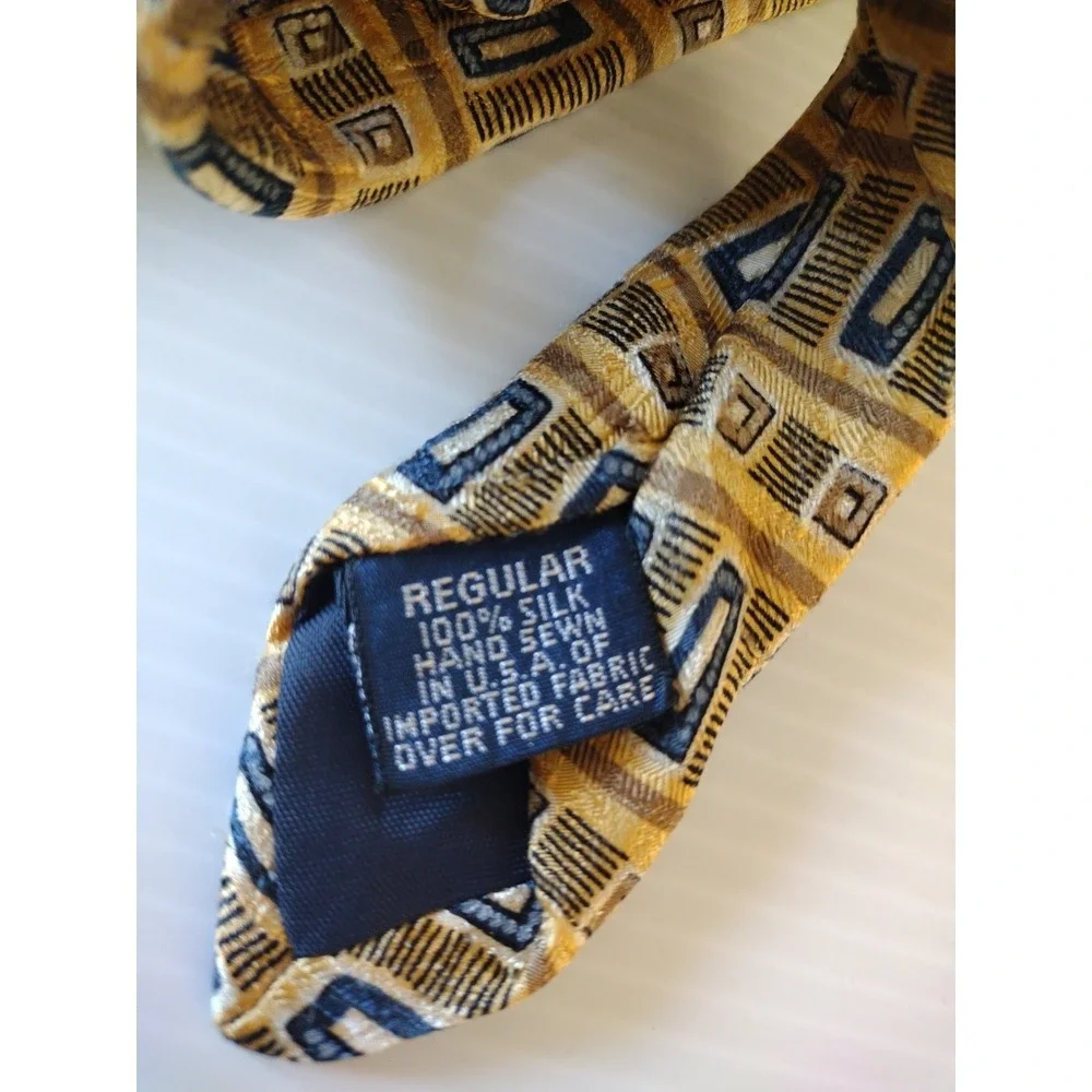 Lands End Neckware Tie‎ Man's Gold Blue Geometric 100% Silk Hand Sewn